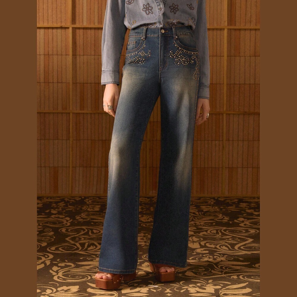 Blue Studded Denim Flare Western Style Boho Jeans with Whiskered Wash